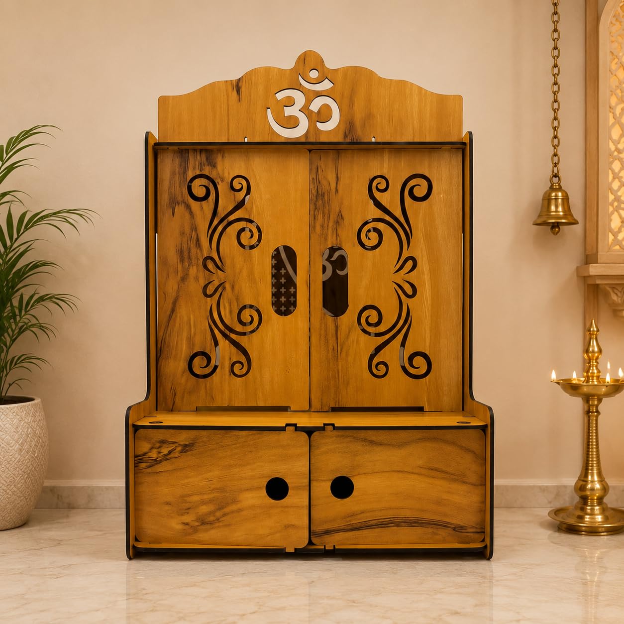 Privla Wooden DIY Home Temple with Door & Drawer Pooja Mandir Engineered Wood with Storage Space | Wall Hanging & Floor Resting Mandir for Home 32 * 30 * 30