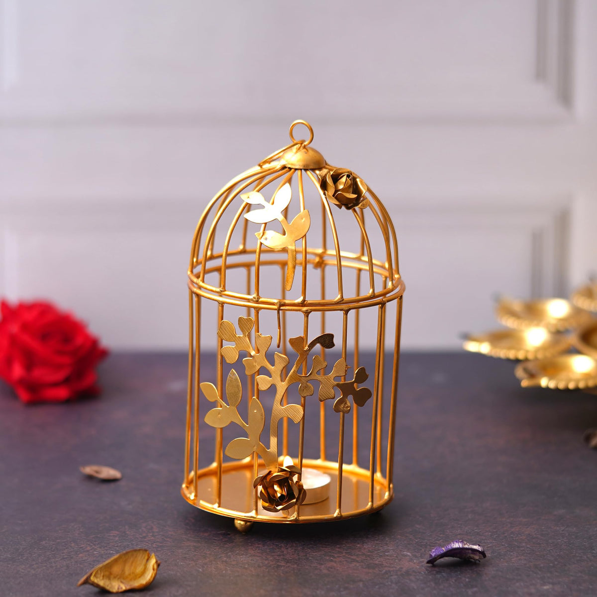 Webelkart Gold Plated Colour tealight Candle Holder with Flower Vine- Diwali Candle Holder- Diwali Decorations Items for Home Decor