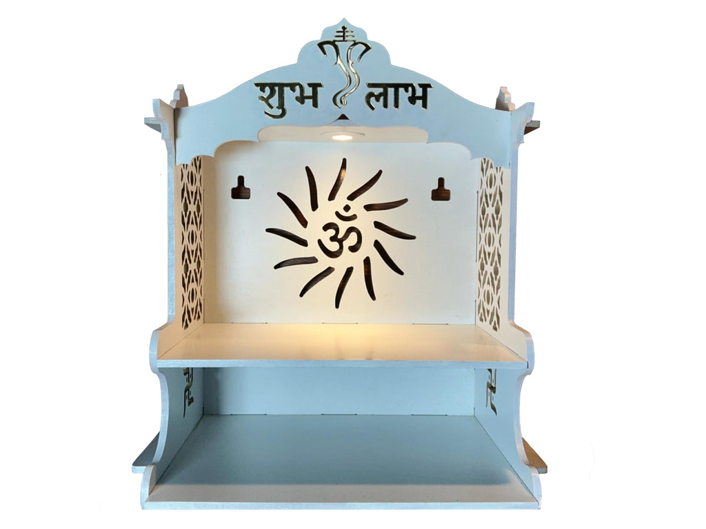 Mandir Temple for Home, Office and Shop,Size (H-15 inch, L-9.5 inch, W-13.5 inch) | Wall Hanging | Free Standing | 6mm Thick Double Laminated Board with spot Light and 5 feet Cable
