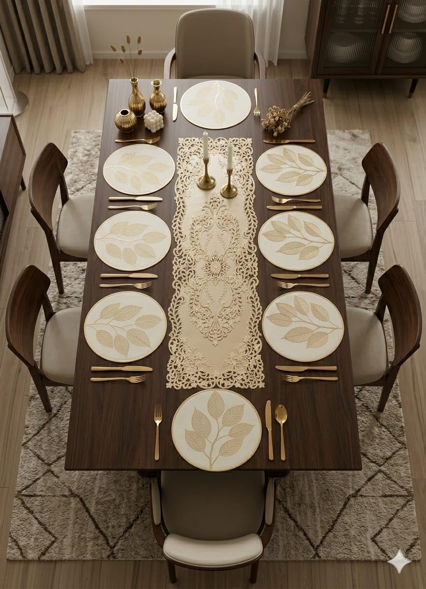 Placemat Set with Table Runner Combo for Dining Table Home Kitchen Everyday Use Table Mat Set for Dining Decoration (Petals Circular Table mat + Royal Victoria Table Runner, Pack of 9 (8+1)) Kafalo
