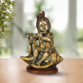 ARTVARKO Brass Lord Bal Krishna Bhagwan Playing Flute on Shankh | Religious Idol Statue for Gift Murti Bronze Color 8 Inch