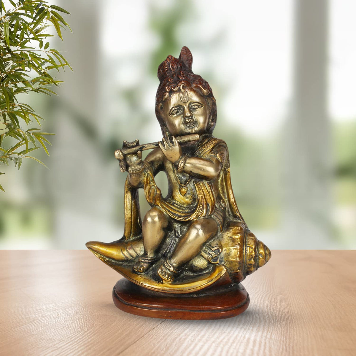 ARTVARKO Brass Lord Bal Krishna Bhagwan Playing Flute on Shankh | Religious Idol Statue for Gift Murti Bronze Color 8 Inch