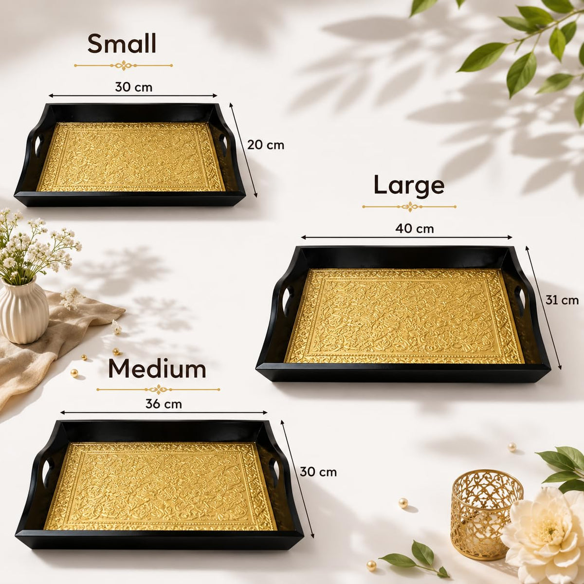 Crafted wonders Wooden Tray Serving Brass Tray Handcrafted for Table Decor, Home Decor and Gifts- Set of 3 Multipurpose Serving & Home Decor Trays (Brown)