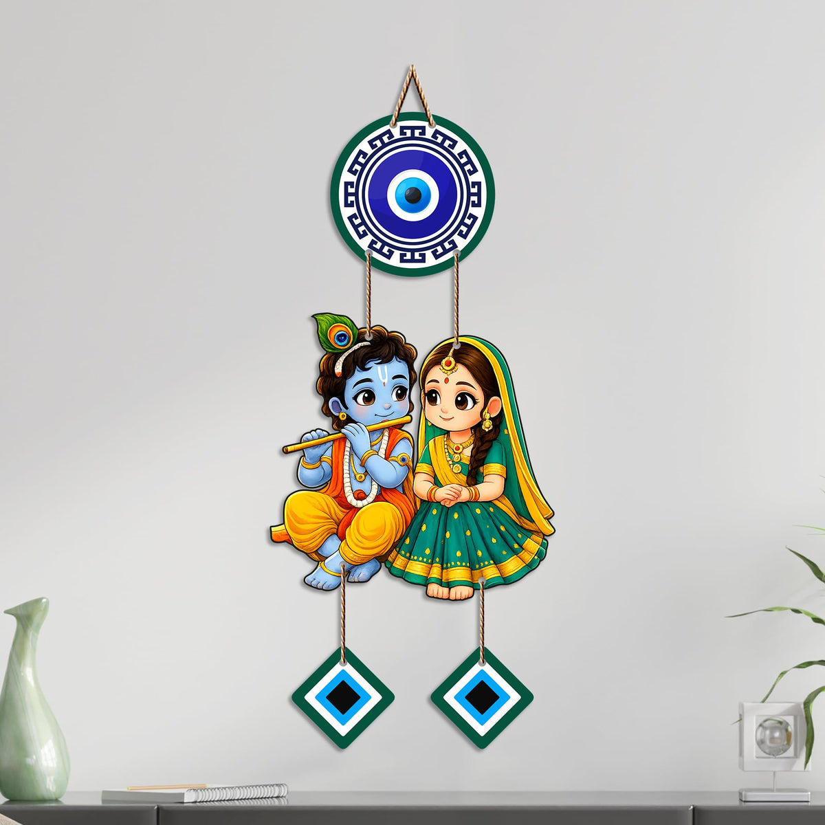 Artvibes Shree Radha Krishna Evil Eye Wall Decor for Home and Office | Nazar Suraksha Hanging for Entrance Living Room Temple | Spiritual Vastu Good Luck Decorative Gift (WH_8578N)