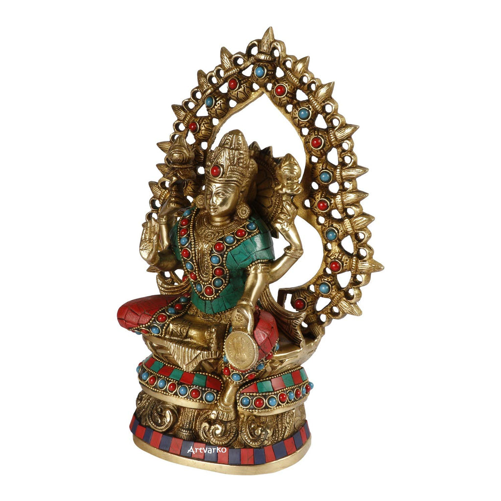 ARTVARKO Brass Lakshmi Devi Idol Statue Multicolor Gemstone Handwork for Home Puja Goddess Laxmi Idols Showpiece for Temple 10 Inches