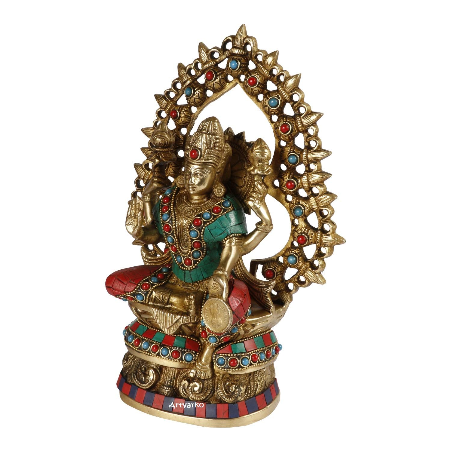 ARTVARKO Brass Lakshmi Devi Idol Statue Multicolor Gemstone Handwork for Home Puja Goddess Laxmi Idols Showpiece for Temple 10 Inches