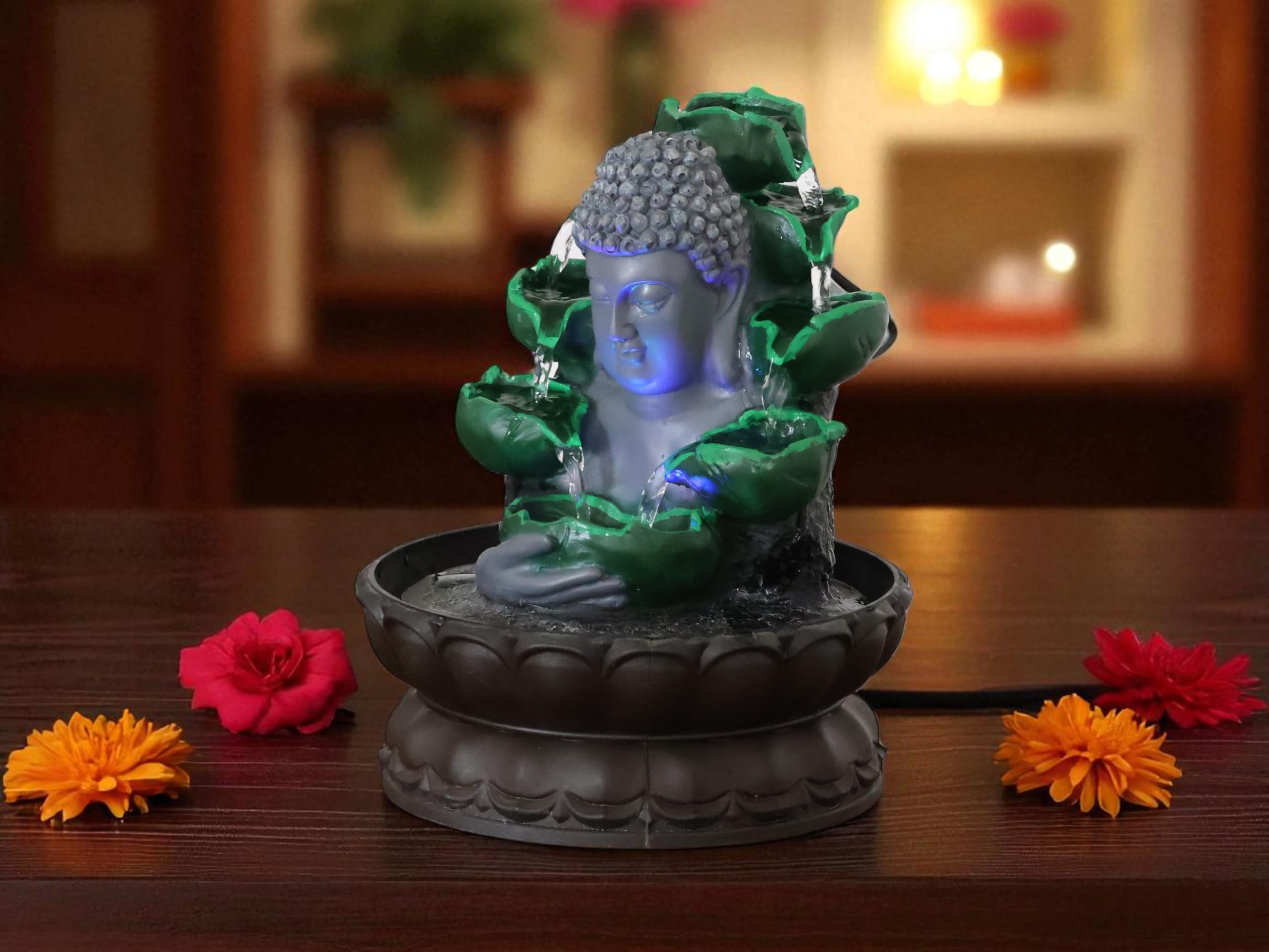 KridayKraft Buddha Face Water Fountain Idol Polyresin Lotus Water Fountain Showpiece for Home Garden Living Room Decor Decoration Gift Items, 24 CM