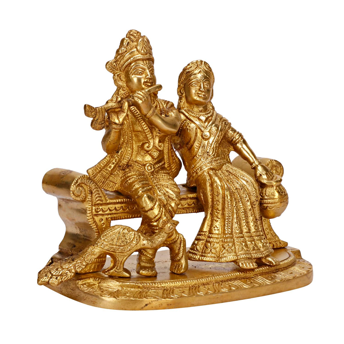 ARTVARKO Brass Radha Krishna Playing Flute Sitting on Couch with Peacock Statue Radha Krishan Ji Murti Temple Puja Office Home Décor Showpiece Gift 7 Inch.