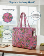 NIKAVIK 1 Tote Bag and 3 Pouches | Jaipuri Quilted fabric Handblock Printed Tote Bag (with zip closure and bottle compartment) with Matching Pouches (Pink Multi)