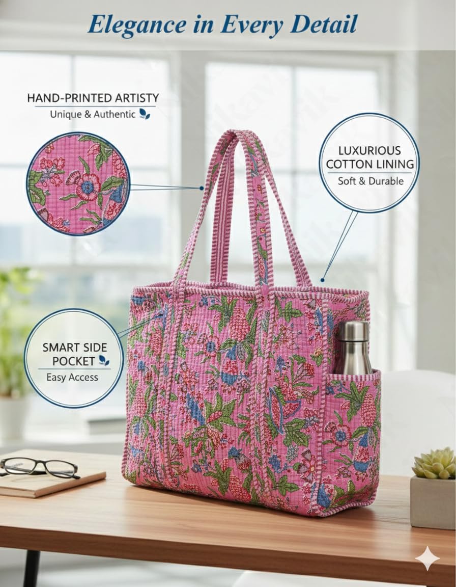 NIKAVIK 1 Tote Bag and 3 Pouches | Jaipuri Quilted fabric Handblock Printed Tote Bag (with zip closure and bottle compartment) with Matching Pouches (Pink Multi)