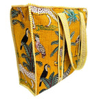 The House of RajPadmini Premium Cotton Quilted Shopping Tote Bag with 3 Travel Pouches Set (Animal Print Yellow)