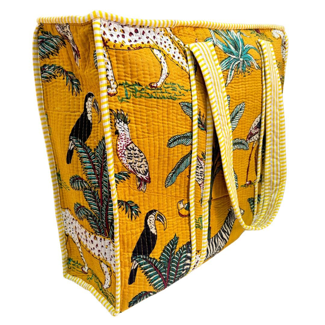 Bazaar Bhoot Edition Premium Cotton Quilted Shopping Tote Bag - Multipurpose Long Lasting Foldable Reusable Bag with zipper for Shopping, Travel & Daily Use - Made in India (Yellow)
