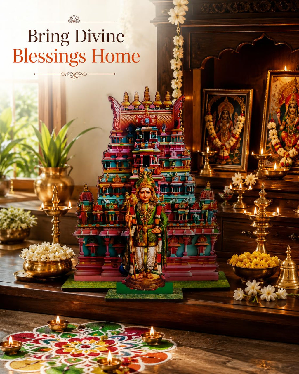 VENSUR Murugan MDF Standee with Temple Gopuram Combo | Pooja Decor