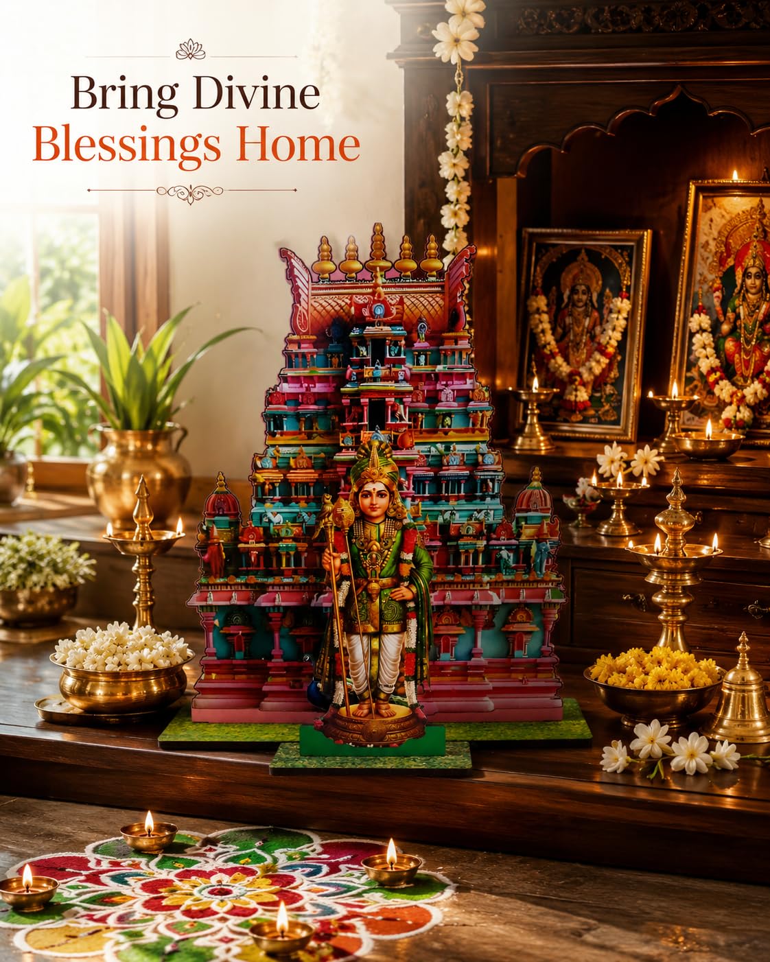 VENSUR Murugan MDF Standee with Temple Gopuram Combo | Pooja Decor