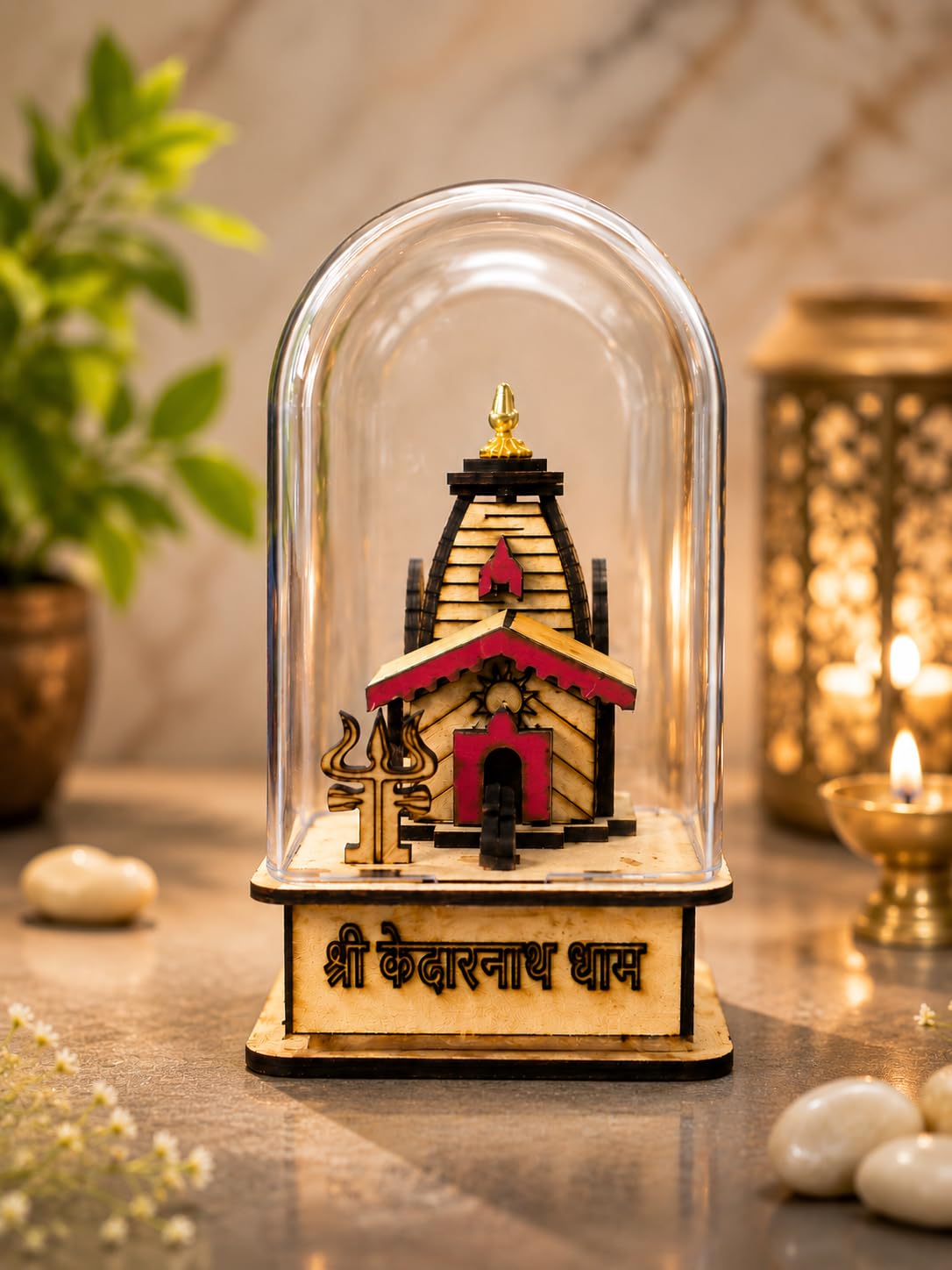 Sacred Kedarnath Dham 3D Glass Model for Home Temple & Office – Unique Wooden Showpiece of Lord Shiva Temple | Religious Gift