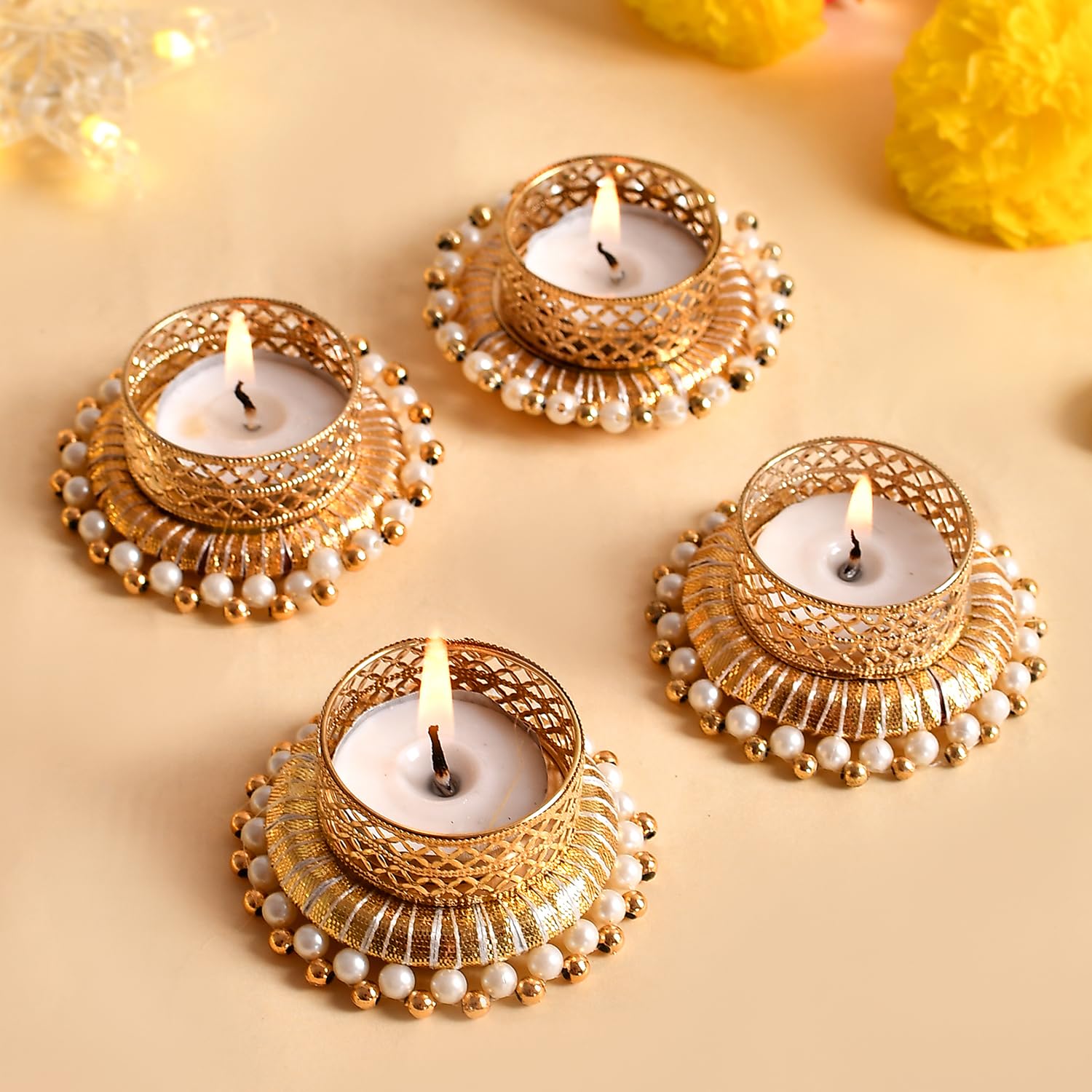 Ascension Set of 4 Peacock Designer Tealight Candle Holders for Side or Center Table Dining Room Christmas Lighting Home Decoration Diwali Gifts Navratri Dussehra Diya for Home Decoration (Design 4)