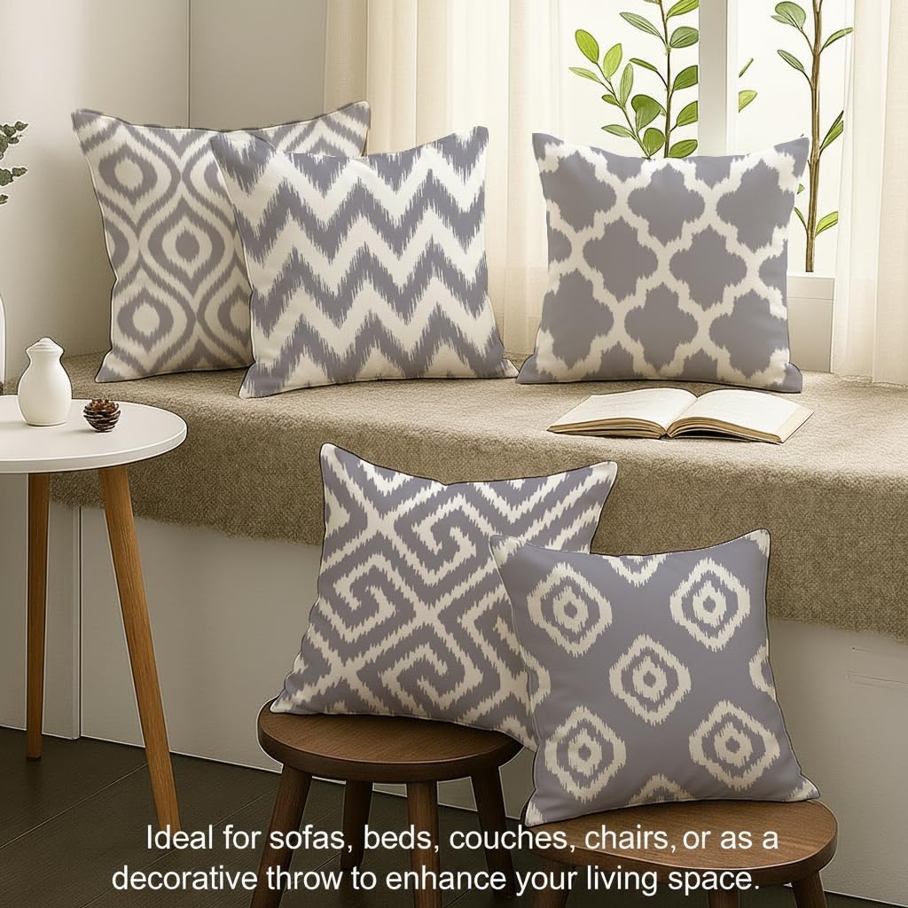 STITCHNEST Set of 5 Polycotton Cushion Covers – 16x16 Inches – Grey & White Ikat Geometric Print – Elegant Cushion Covers for Sofa & Living Room | Perfect for Home Decor