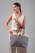 AQVA Printed Cotton Canvas Tote Bag for Women | Trendy Stylish Handbag with Zipper & Inner Pockets | Large Shoulder Bag for Shopping, Beach, Travel, Office, Work | Striped, Blue