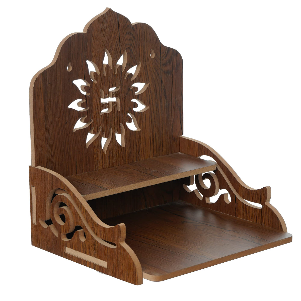 eCraftIndia Flower and Swastik Design Wooden Temple for Home with 3 Shelf | Pooja Mandir for God Idols, Sacred Spaces, and Daily Prayers | Home Temple | Diwali Decoration Items for Home Decor
