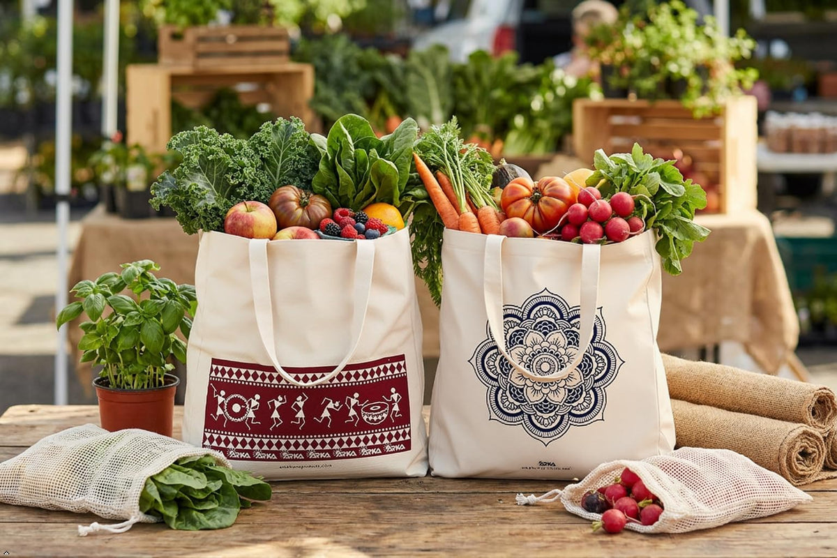 Arka Home Products 100% Cotton Reusable Printed Shopping Bags Tote Bag (Set of 2 - Warli & Mandala Flower Prints, Size 16 X 14 X 4)