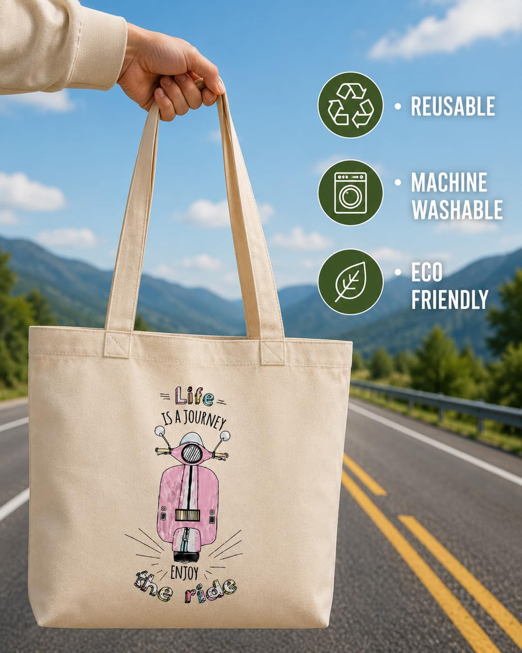 CANVAS COTTON TOTE BAG LIFE IS JOURNEY