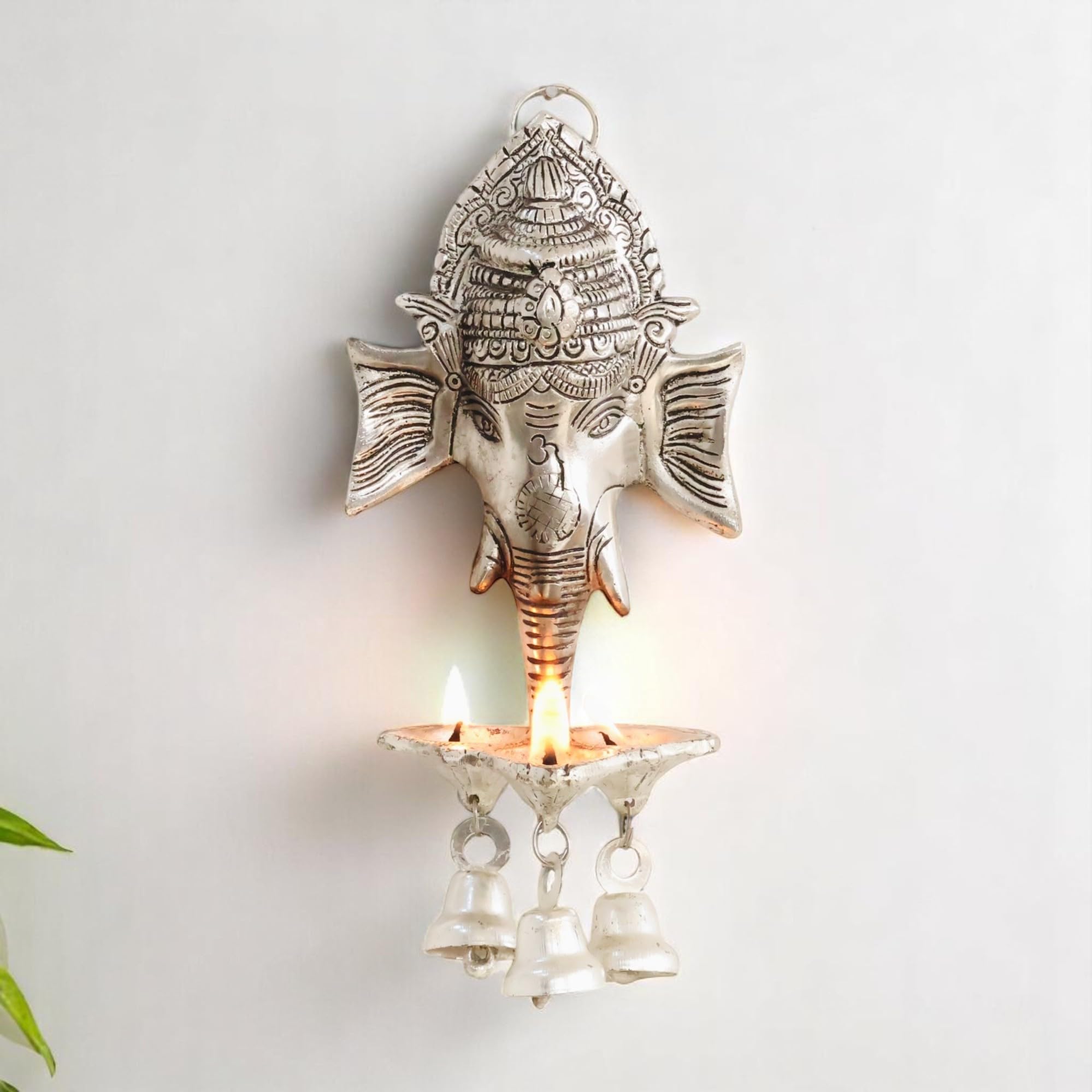 KridayKraft Aluminium Antique Look Statue/Idol Ganesh Wall Hanging with Diya's and Bells,Weight - 180 GMS