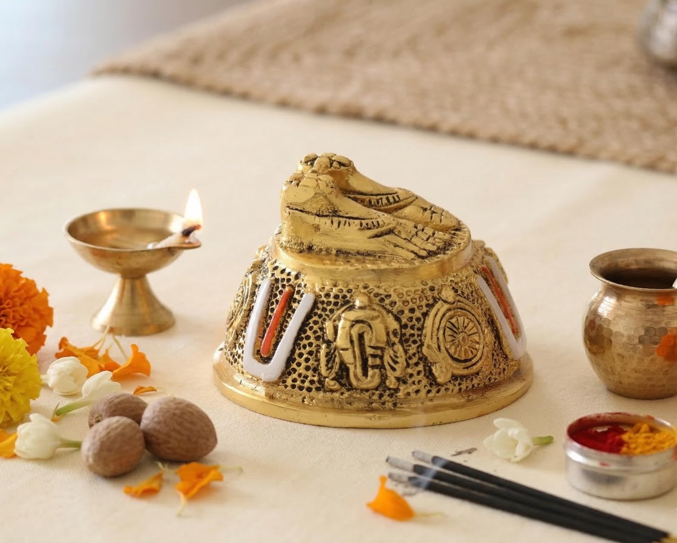 Lord Venkateswara Swami Tirupati Balaji Vishnu Charan Paduka with shank chakar tilak Namah for Pooja Room/Car Dashboard | Venkateswara Swamy Feet with Shanku & Chakra Namami Showpiece Figurines
