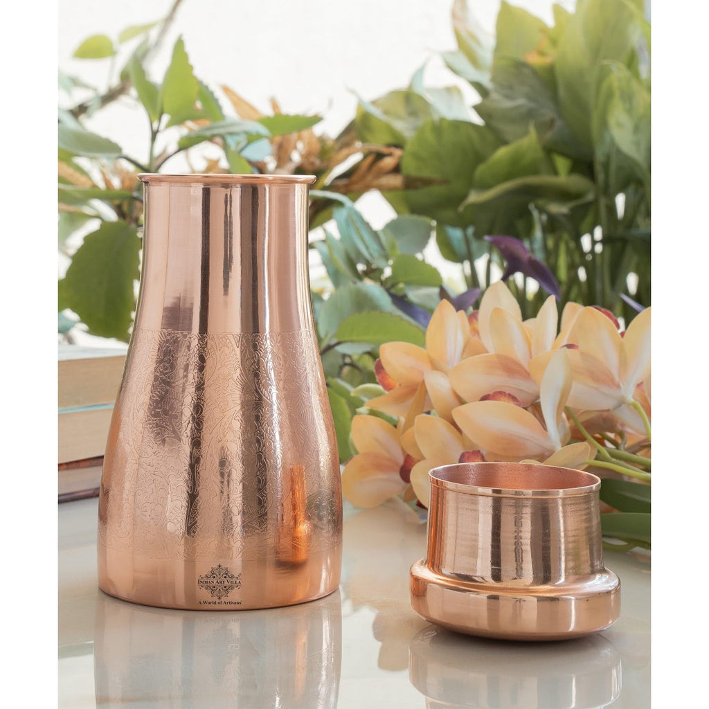 INDIAN ART VILLA Pure Copper Embossed Design Bedroom Water Bottle with Inbuilt Glass, Bottle for Storage Purposes, Drinkware, 950 ml- Set of 1