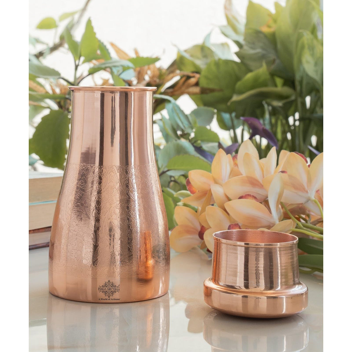 INDIAN ART VILLA Pure Copper Embossed Design Bedroom Water Bottle with Inbuilt Glass, Bottle for Storage Purposes, Drinkware, 950 ml- Set of 1