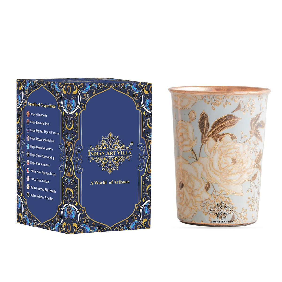 INDIAN ART VILLA Copper Gold Print Design Glass – 275 ML, Ayurvedic Copper Drinkware for Daily Use, Elegant Handcrafted Water Glass for Home, Office, and Gifting, Set of 1