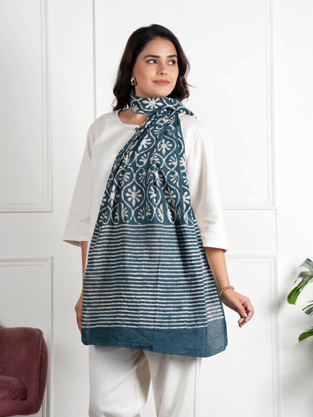 RAI SAHAB Women's Cotton Hand Block Printed Casual Stoles/Scarf(ST-72GRN10)