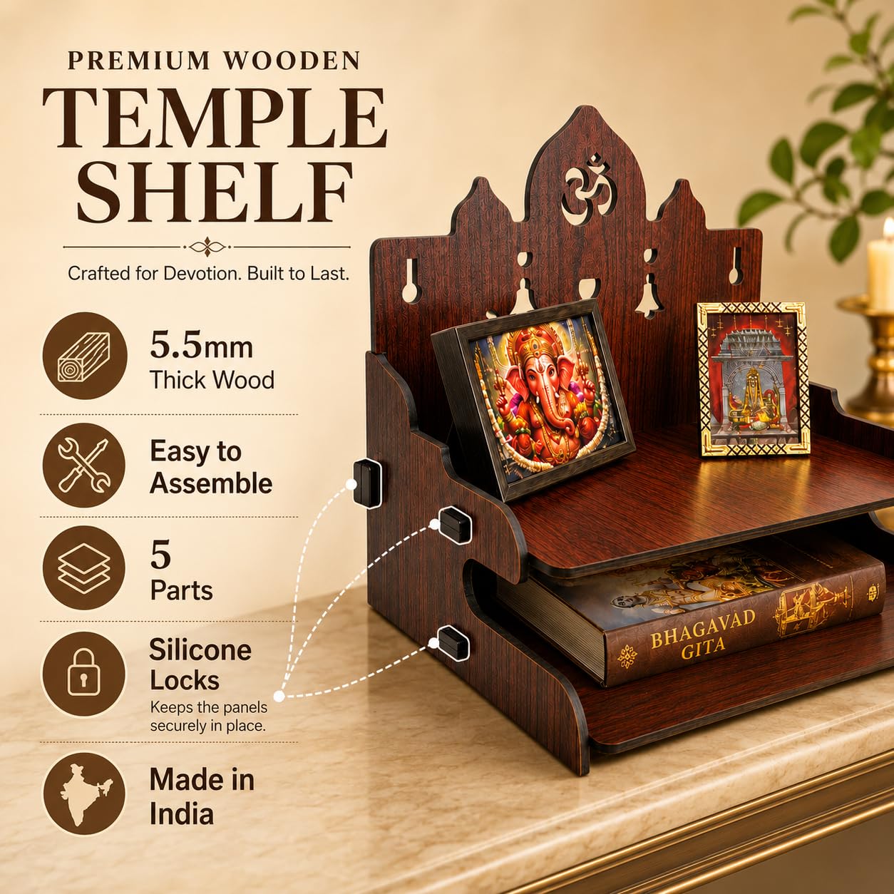Zesta Wooden Mandir for Home Big Size | DIY Pooja Mandir with LED Spot Light | Devghar Cabinet for Living Room or Office | Wall Mounted Pooja Unit for Home (Temple with 2 Steps)