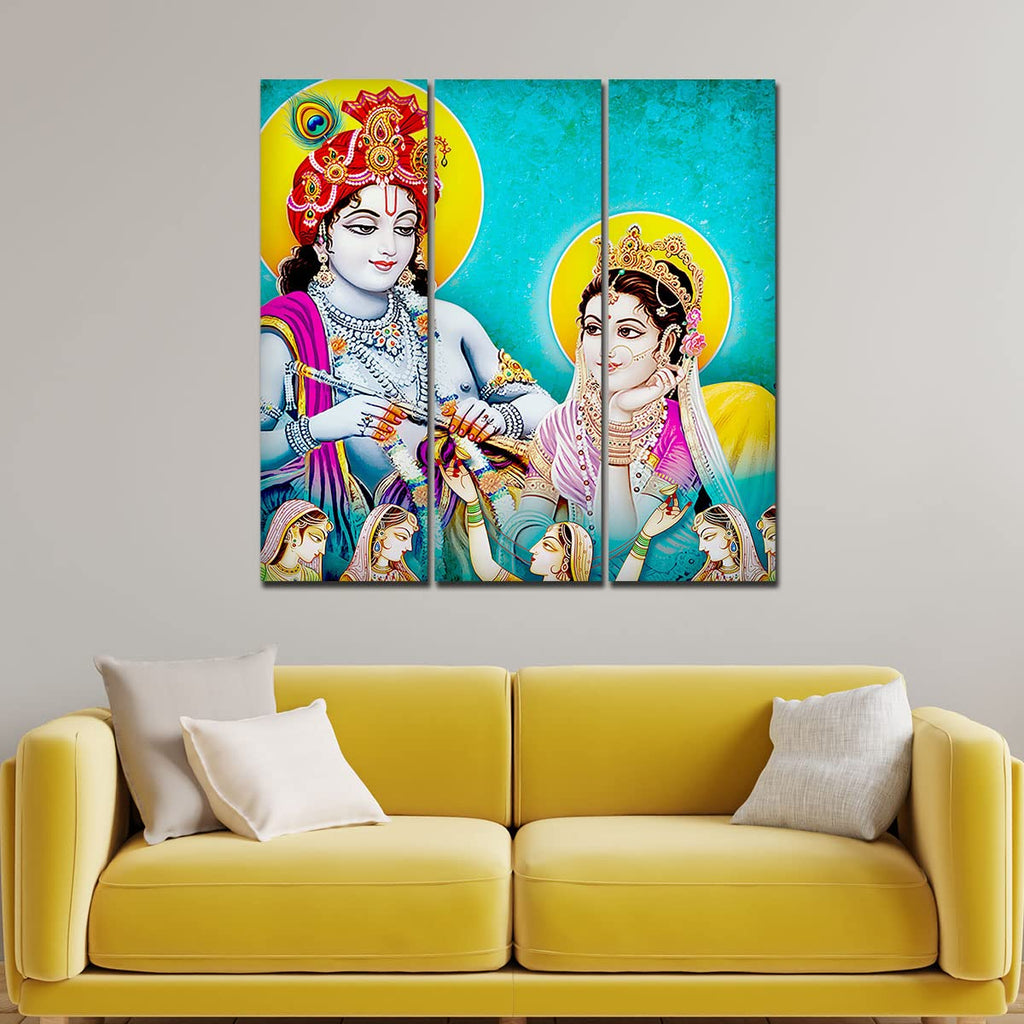 VIBECRAFTS Beautiful Radha Krishna 3 Pieces Canvas Wall Painting Fitted With Wooden Frame For Home | Office | Living Room | Gifts (PTVC3Pcs1_9541)
