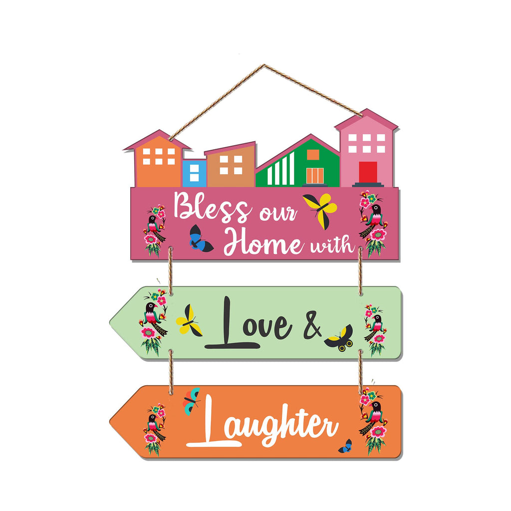 Artvibes Bless Our Home With Love & Laughter Decorative Wall Art MDF Wooden Wall Hanger for Living Room | Quotes Decor Item | Home Quotes Wall Hanging | Modern Decor Items | Wall Poster (WH_5809N)