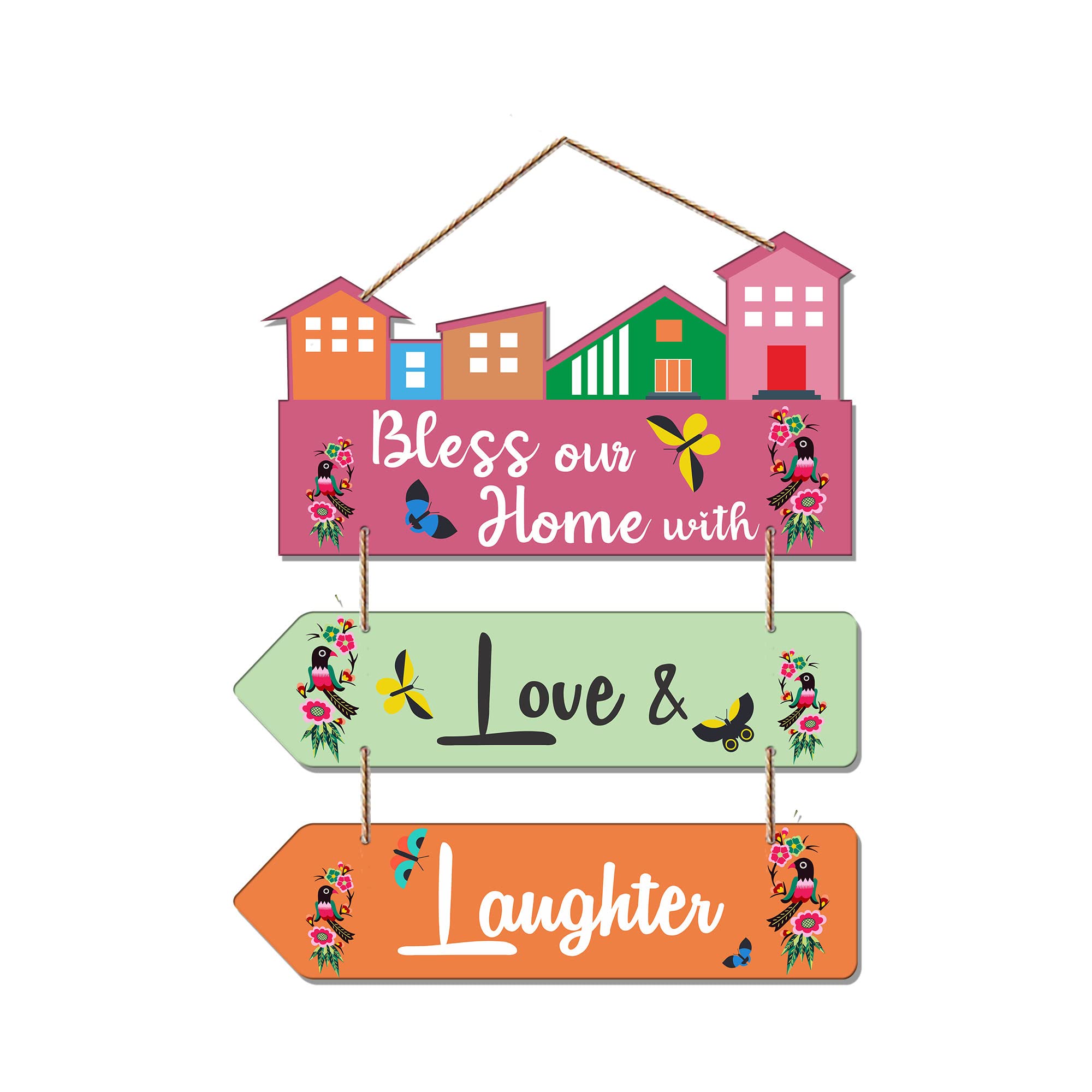 Artvibes Bless Our Home With Love & Laughter Decorative Wall Art MDF Wooden Wall Hanger for Living Room | Quotes Decor Item | Home Quotes Wall Hanging | Modern Decor Items | Wall Poster (WH_5809N)