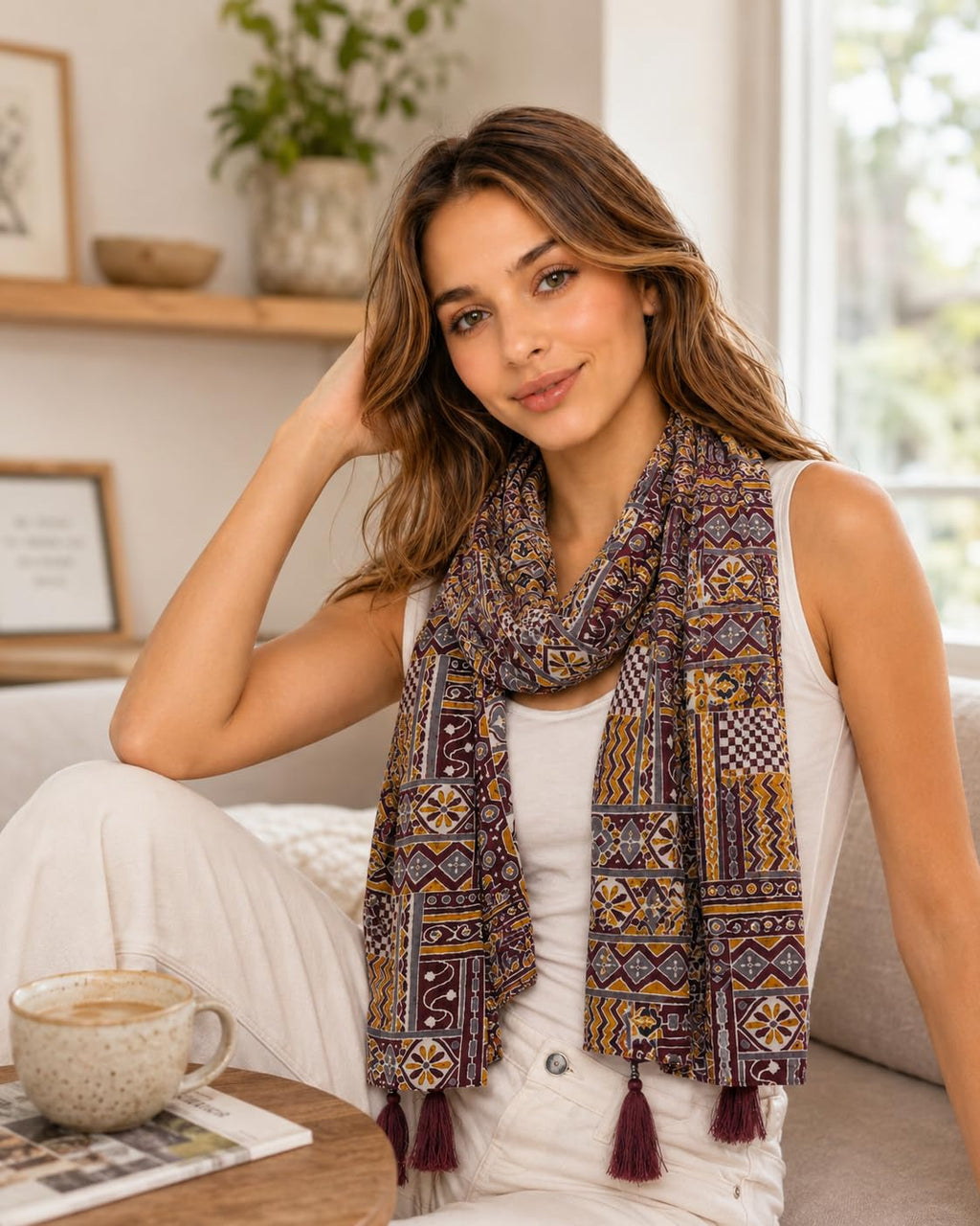 Women's Printed cotton Scarf with Tassels, Lightweight Boho Stole, 180x50 cm, All Seasons (maroon)