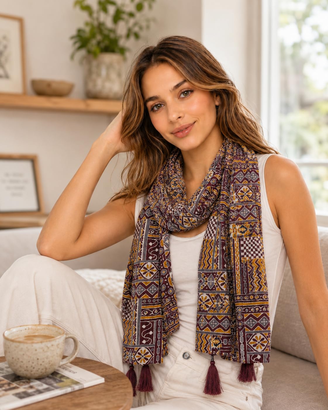 Women's Printed cotton Scarf with Tassels, Lightweight Boho Stole, 180x50 cm, All Seasons (maroon)