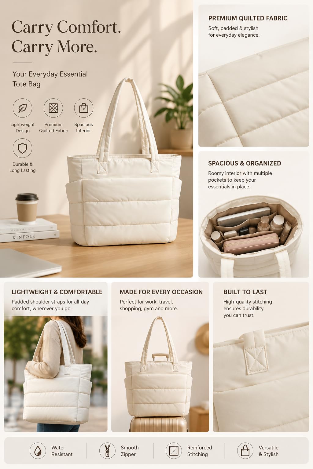 P SEVEN Puffy Tote Bag for Women, Lightweight Shoulder Handbag with Multiple Compartments, Quilted Padded Tote Bag for Travel, Work, Office, College & Daily Carry, Beige (White,Pink Colour)