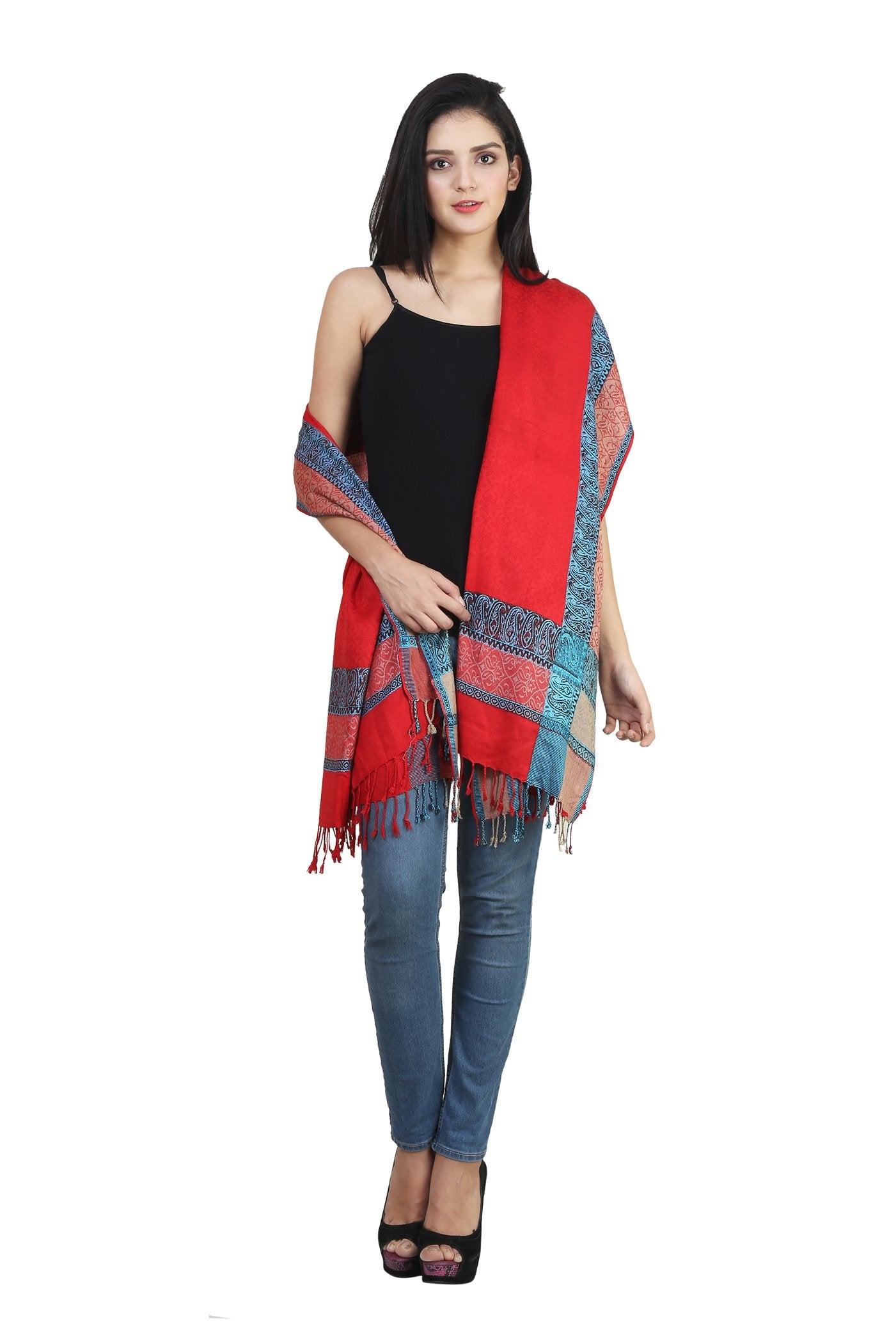 Bravezi Women's Floral Design Winter Shawl (Red)