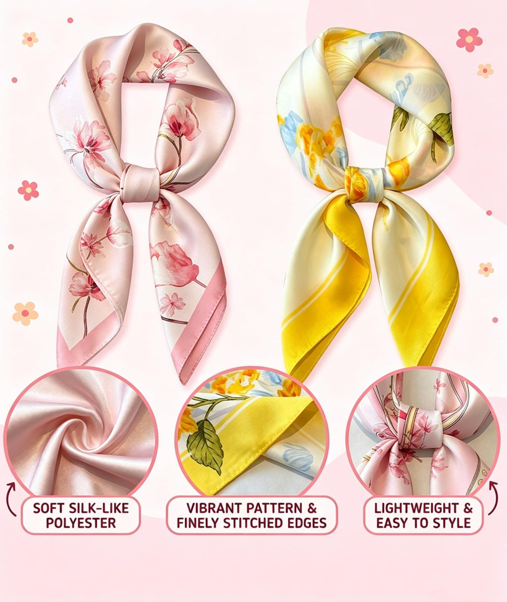 SRKSPYFD 2Pcs Scarf for Women Stylish, Square Lightweight Satin‑Feel Hair Scarf, Yellow and Pink Floral Print Polyester Neckerchief for Women, Headscarf for Hair Wrap, Purse & Neck
