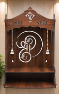 Wooden Pooja Mandir for Home, Pine Wood Temple, Decorative Hindu Mandir with Storage Shelf for Puja Room & Living Room Decor (32X26X20 Cms, Natural Wood Brown, Shree)