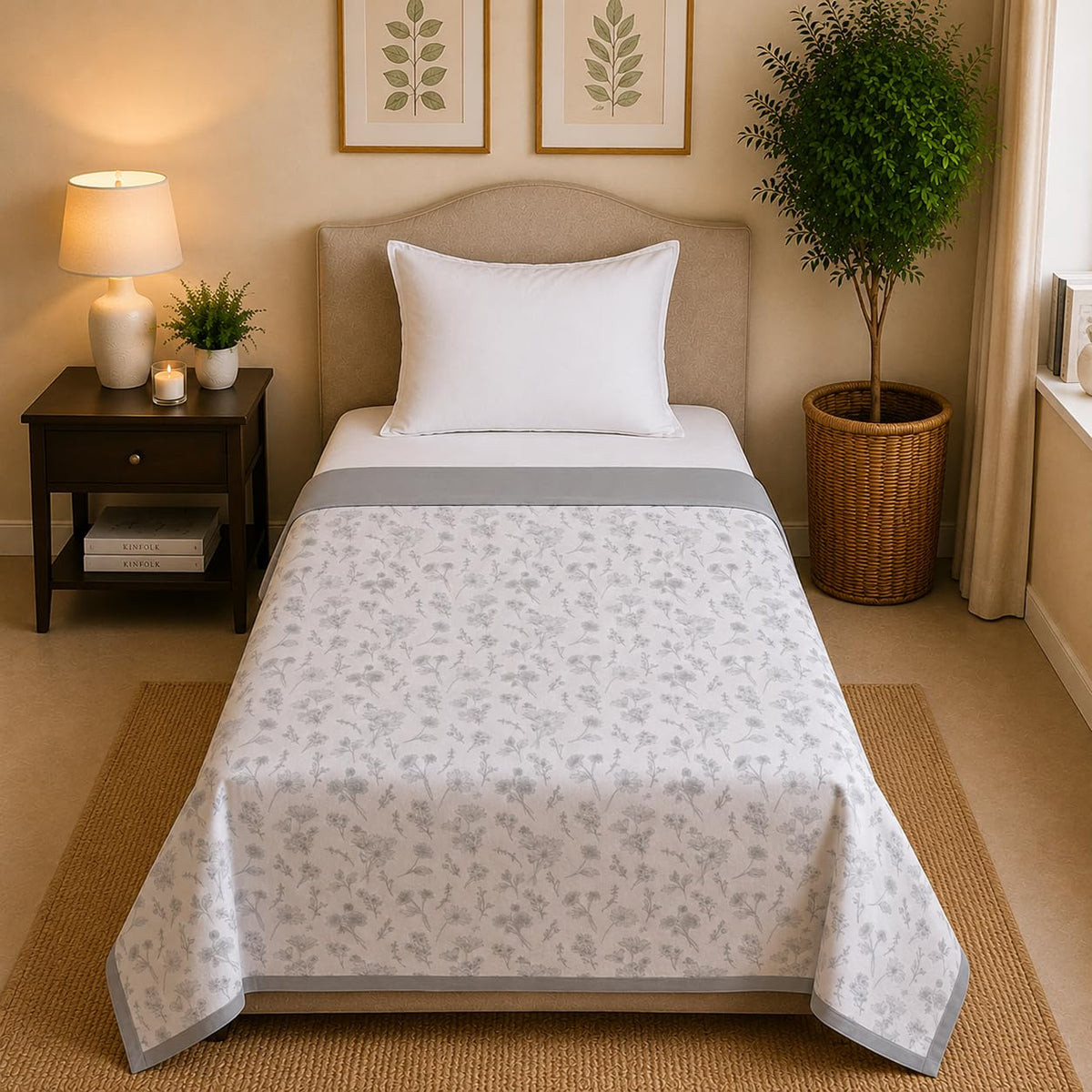 Linen Home Reversible Dohar Single Size Floral Grey Kafalo