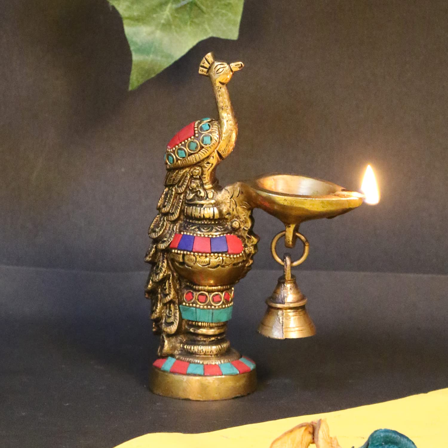 Artvarko Peacock Diya with Bell Brass Multicolor Stone Handwork Table Décor for Home Diwali Gift Temple Pooja Gold Color Height 6.5 Inch