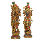 ARTVARKO Brass Lord Radha Krishna Playing Flute Standing On Lotus Multicolor Stone Handwork Murti for Gift Idol Height 14 Inches