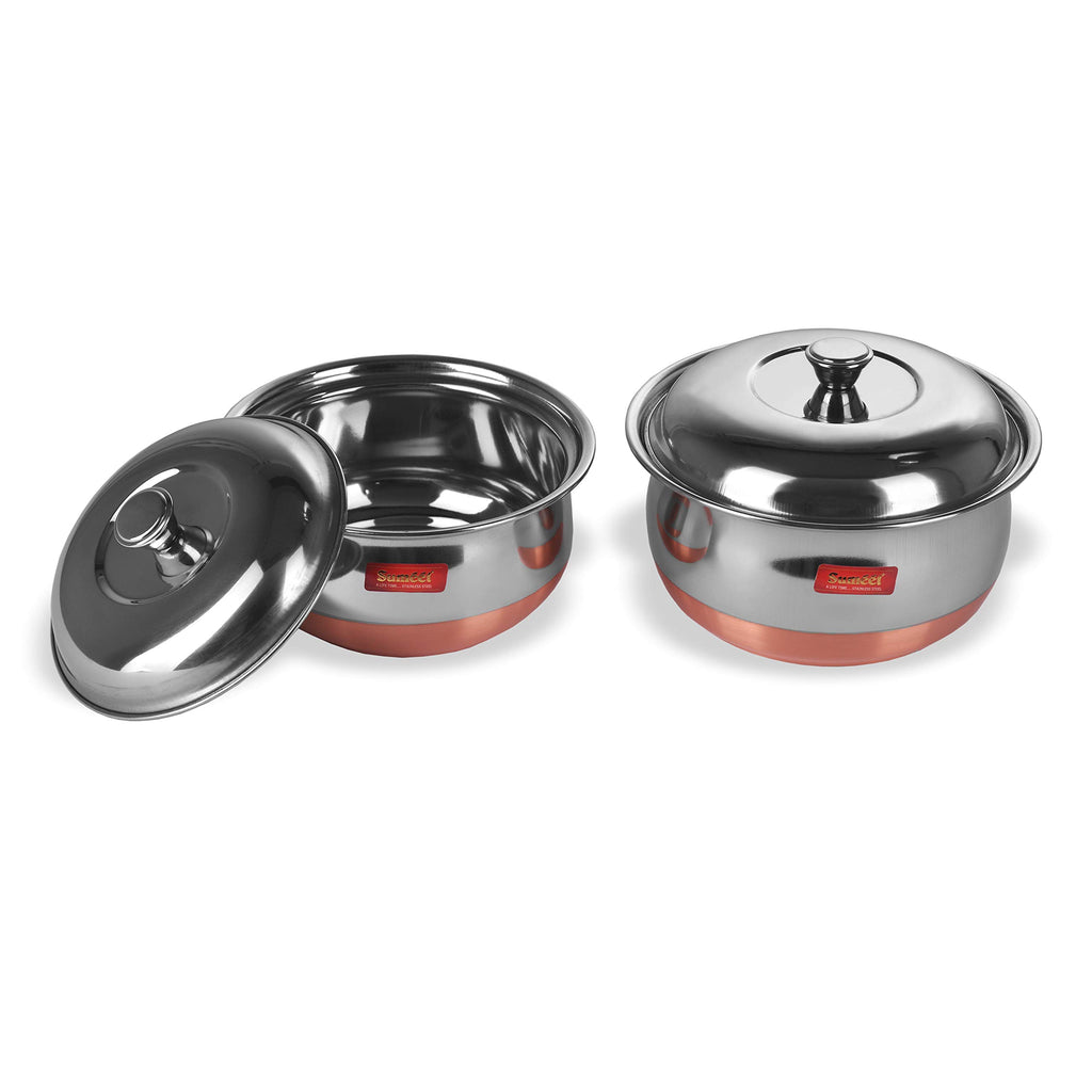Sumeet Stainless Steel Copper Bottom Multipurpose Cook & Serve Handi With Lid - 2 Pcs Set (1.1 Liter, 1.3 Liter)