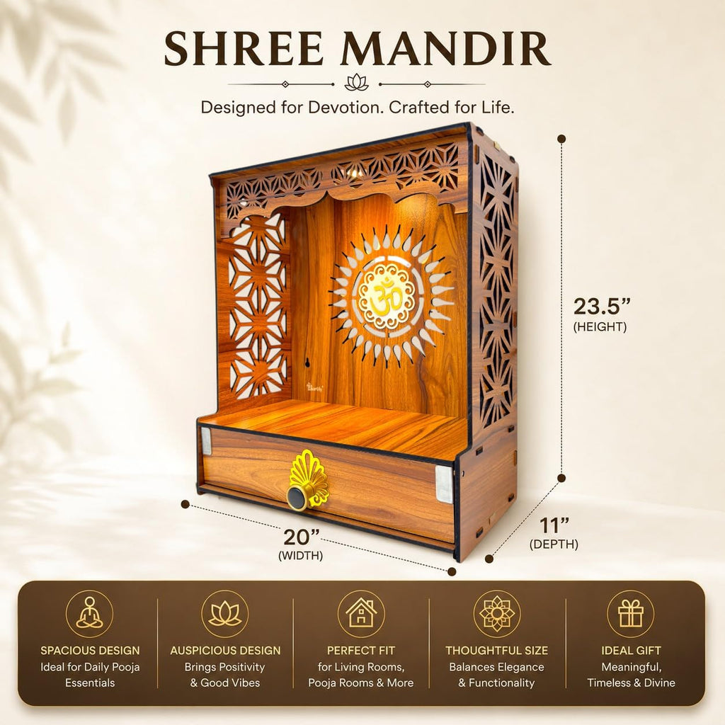 Heartily® Shree Wooden Home Temple Stand with Storage Door Pooja Mandir for Home & Office with LED Spotlight & Magnetic Lock | 2 Feet Height