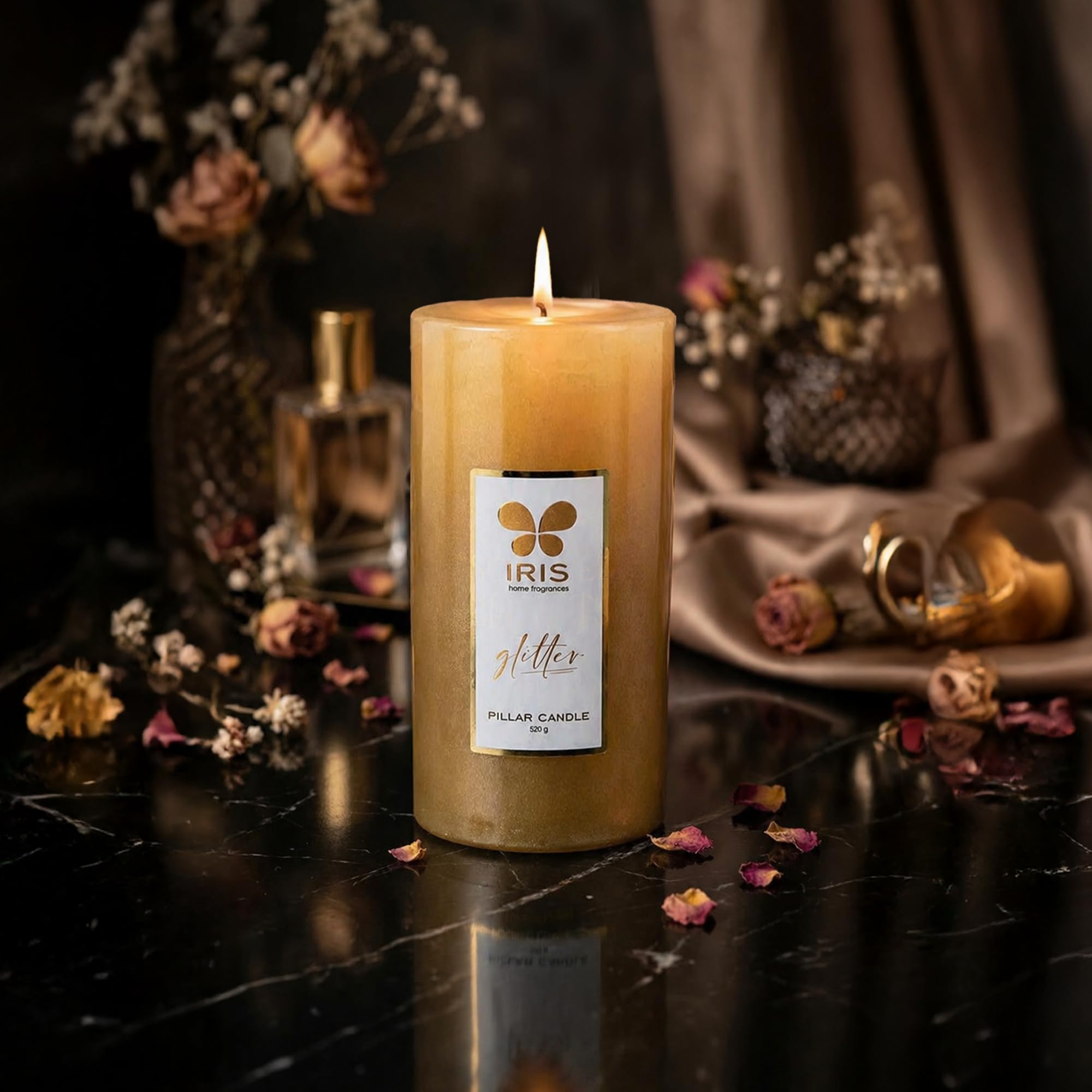 IRIS Gold Lacquered Unscented Pillar Candle | 7.1 x 15.2 cm | Long-Lasting 80-Hour Burn | Ideal for Decor, Celebrations & Gifting (Pack of 1)