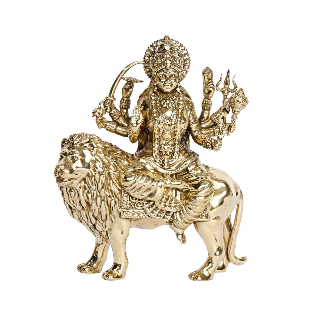ARTVARKO Brass Maa Durga Idol Sitting On Lion Ma Sherawali Devi Statue Navratra Pital Puja Murti (Small Size 8x4x9.5 cm)
