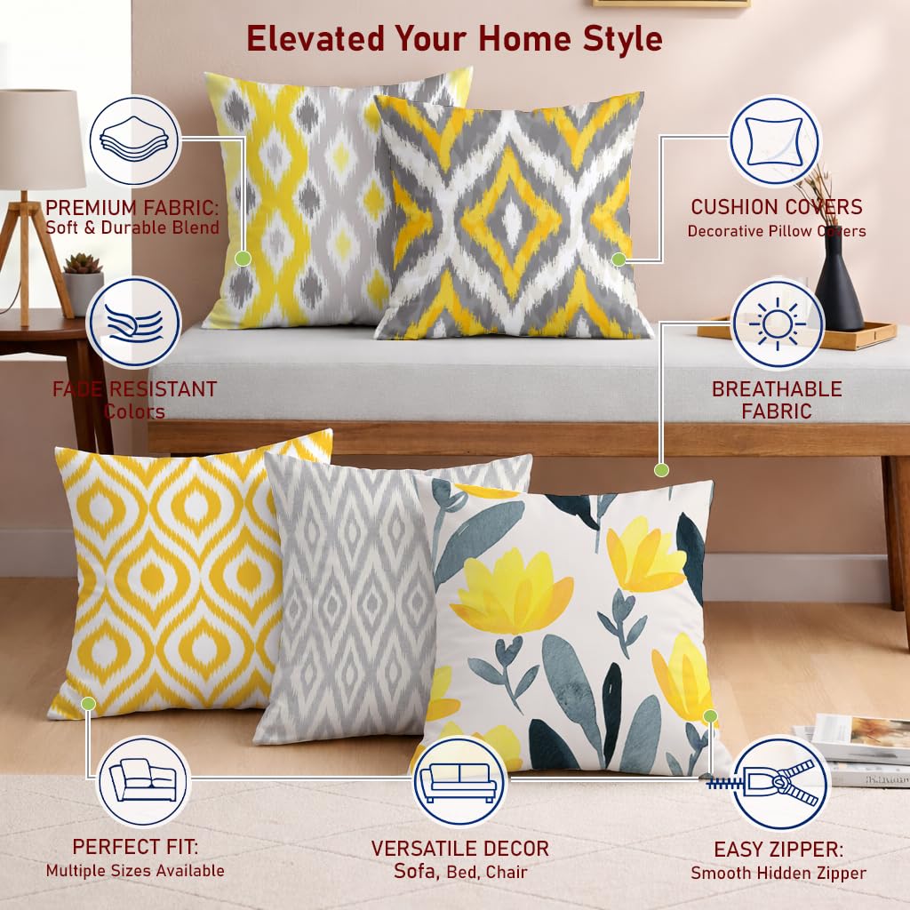 STITCHNEST Set of 5 Jute Cushion Covers – 16x16 Inches – Yellow & Grey Ikat-Inspired Geometric Print – Vibrant Cushion Covers for Sofa, Couch & Living Room | Perfect for Home Decor