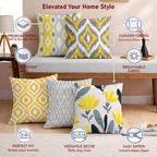 STITCHNEST Set of 5 Polycotton Cushion Covers – 18x18 Inches – Yellow & Grey Ikat-Inspired Geometric Print – Vibrant Cushion Covers for Sofa, Couch & Living Room | Perfect for Home Decor